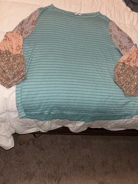 ODDY Teal Ribbed Pullover with Mixed Floral Balloon Sleeves